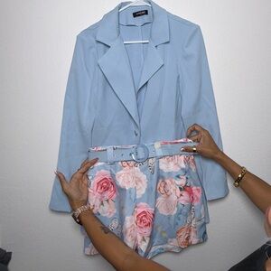 Chic Light Blue Blazer with Floral Shorts